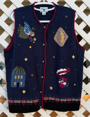 Vintage Quacker Factory Sweater Vest Womens Holiday Christmas Angel Stars 90s - Image 1 of 4