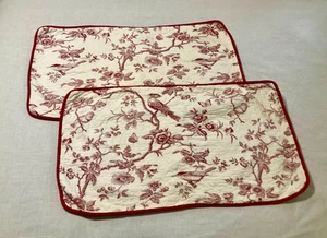 French Country Toile Red King Pillow Sham Birds Quilted Tie Backs 20"X35" Set 2 - Picture 1 of 13