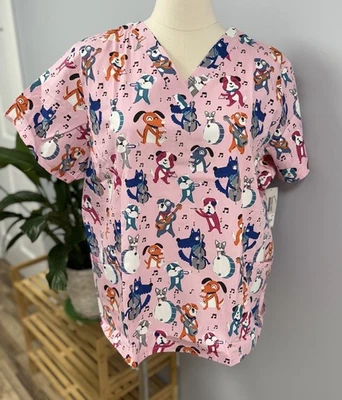 NWT Buttersoft Scrub Top Plus 2X Pink Dog Band Cotton Scrubs Dogs Music Medical - Image 1 of 4