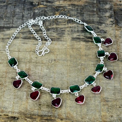 Granato Rosso, Verde Tormalina Gemma 925 Argento Sterling Gioielli Collana Gifts - Immagine 1 di 4