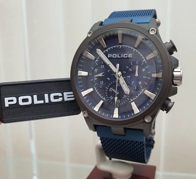 New POLICE Watch Mens Blue Mesh Adjust Strap Gunmetal Case Gift for Him RRP£210 - Image 1 of 4