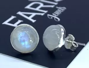 Genuine 925 Sterling Silver Round Moonstone Ladies Earrings Studs Gemstone Gift - Picture 1 of 4