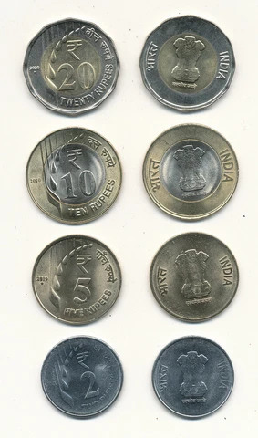 India / India - 2 + 5 + 10 + 20 Rupees 2019 - 2021 UNC - KMS Set Cover