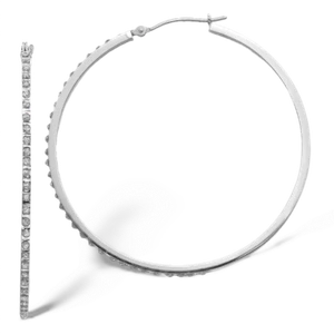 14K Solid White Gold Diamond Round Large Hoop Earrings - Picture 1 of 2