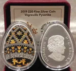 2019 Vegreville Ukrainian Pysanka $20 1OZ EggShaped PureSilver Proof Canada Coin - Bild 1 von 2