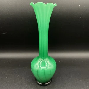 Vintage Green Over White Glass Bud Vase with Ruffle Top and Stripes - Picture 1 of 8