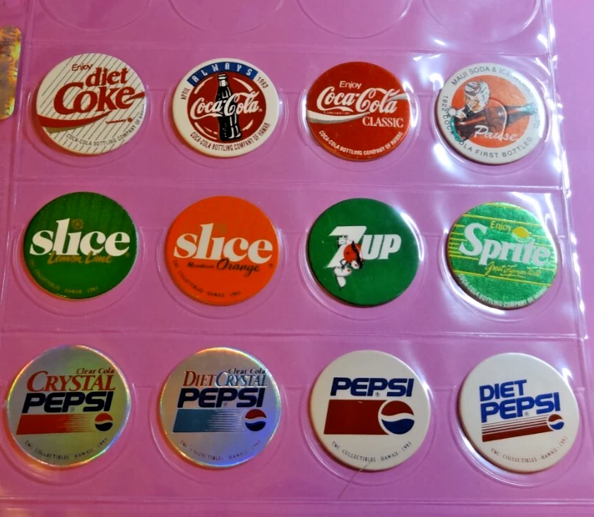 Pogs * 12 Different Soda Varieties * Coke * Sprite * Slice * Pepsi * Coca-Cola - Image 1 of 1