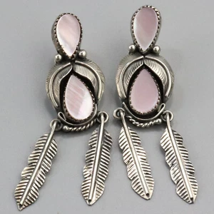 Vintage BIG Native American Sterling Silver Pink Mother of Pearl Earrings 5.8cm - Picture 1 of 6