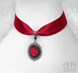 Gothic ROSE CAMEO SATIN CHOKER Ribbon Necklace Black Red Pendant Victorian - Picture 1 of 3
