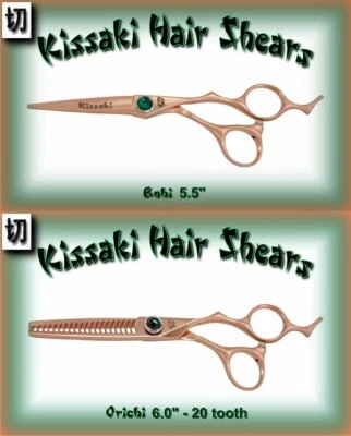 Combo tesoura de corte de cabelo Kissaki 5,5" e tesouras de desbaste de 20 dentes ouro rosa - Imagem 1 de 2