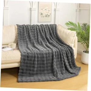  Faux Fur Throw Blanket with 3D Bubbles Super Soft Fuzzy Throw(50" x60") Grey - Picture 1 of 7