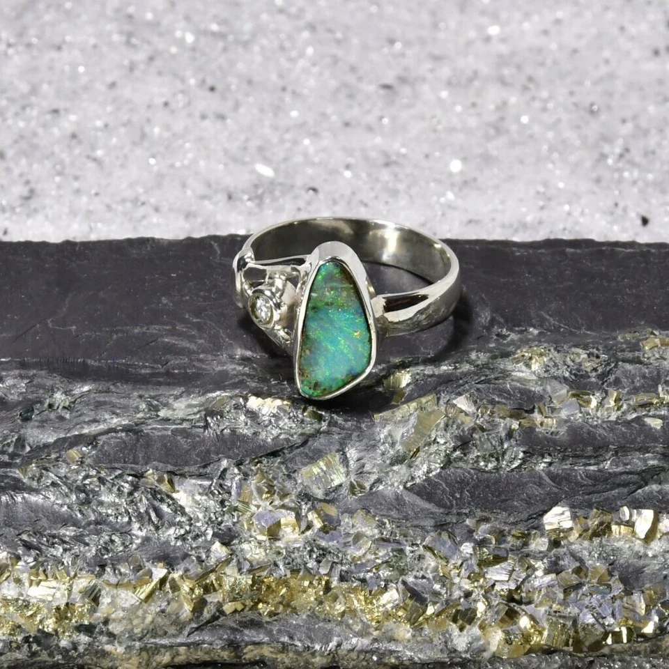 Boulder Opal Ring, 925er Silber, Edelsteinring (22958), mit Brillant - Bild 1 von 1