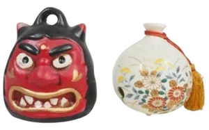 Vintage Japanese Painted Ceramic Bells 2pcs H2" Namahage & Pot Figurine - Picture 1 of 11