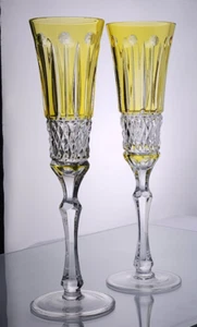 Faberge Crystal XENIA Set/2 Topaz Yellow Champagne Flutes MINT - Picture 1 of 7
