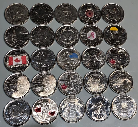 25 Canada 1973-2017 Commemorative 25¢ coins Coloured + Frosted  Group A  🇨🇦 Cover