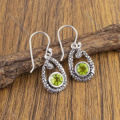 Round Peridot Gemstone Sterling Silver Elegant Dangling August Bezel Earrings - Image 1 of 4