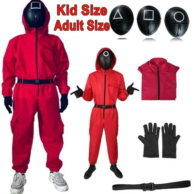 Kid Adult Squid Red Jumpsuit Villain Uniform Mask Halloween Cosplay Costume Game