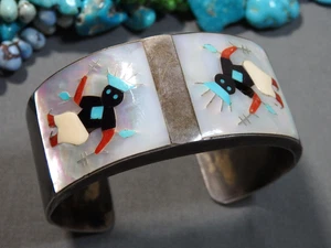 ZUNI Tony Ohmsatte Multi-GEM Sterling Silver KACHINA DANCER 55g CUFF Bracelet - Picture 1 of 13