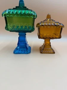 Vintage Jeanette Glass candy dishes, 6" amber, & Blue flow to Green 8" - Picture 1 of 13