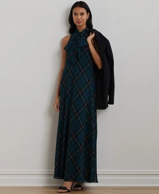 Lauren Ralph Lauren Plaid Crinkle Georgette Tie-Neck Gown Green Size 6 MSRP $295 - Image 1 of 4