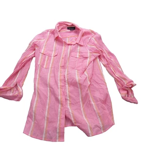 Denim & Co Shirt Womens Medium Pink Striped Button Up Long Sleeve Summer Cotton - Picture 1 of 10