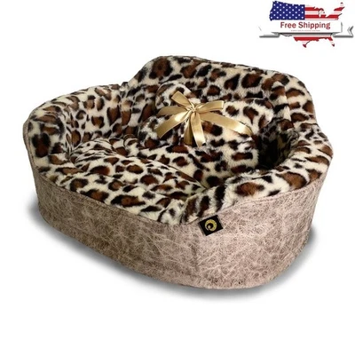 Кровать для кошки собаки леопардовый принт веганская кожа подушка из искусственного меха машинная стирка новая - Изображение 1 из 4