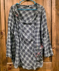 Eddie Bauer Top Damen XL grau schwarz kariert rosa Blumen bestickt Bindekragen Boho - Bild 1 von 5