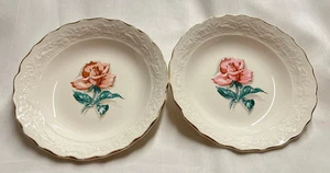 Pair of Vintage Gold Rim Salad Bowls with Pink Rose in Center- 8" diameter - Picture 1 of 4