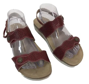 L'Artiste Globe-Rd Women's Red Strap Sandals Black Sz 40 Cork Wedge - Picture 1 of 8