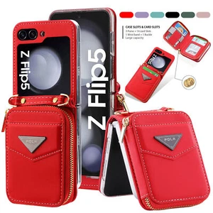 For Samsung Galaxy Z Flip 6 5 4 Leather Zipper Wallet Bag Case Crossbody Strap - Picture 1 of 20