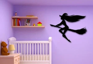 Pegatinas de pared calcomanía de vinilo bruja niña escoba voladora brujería habitación de niños (ig853) - Imagen 1 de 3