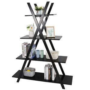 Display Modern Black 4 Tier Ladder A Frame Bookcase Bookshelf Shelf Storage