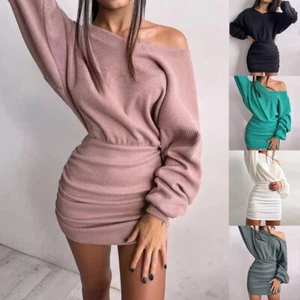 Womens Sexy Ribbed Off Shoulder Dress Bodycon Winter Party Mini Jumper Dresses - Picture 1 of 18