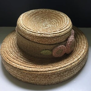 Vintage 1990er Dover Kidz brauner Bucket Strohhut mit rosa Blumen Gürtel Design - Bild 1 von 5