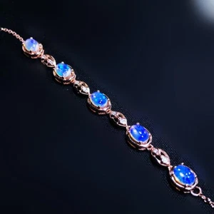 Natural Oval Rainbow Blue Fire Opal Women's Tennis Bracelet 14K Rose Gold Finish - Picture 1 of 7