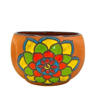 CACTUS CANYON CERAMICS Mexican Talavera Bule Planter Hand Painted - Terracotta Dark Blue Trim