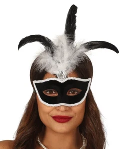 Black Velvet Mask With White Feathers Masquerade Fancy Dress Costume Feather 20s - Picture 1 of 2