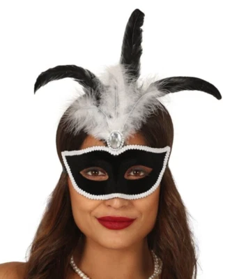 Black Velvet Mask With White Feathers Masquerade Fancy Dress Costume Feather 20s - Image 1 of 2