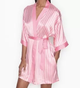 VICTORIA'S SECRET PINK ICONIC CANDY STRIPE FLOUNCE SATIN DRESSING GOWN WOMEN M/L - Picture 1 of 14