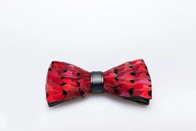 Mens Fashion Handmade Leather Feather Pre Tied Bow Tie Brooch 2 Piece Gift Set - Image 1 of 4