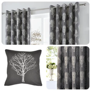 Fusion WOODLAND TREES Charcoal Grey 100% Cotton Eyelet Ring Curtains & Cushions - Picture 1 of 21