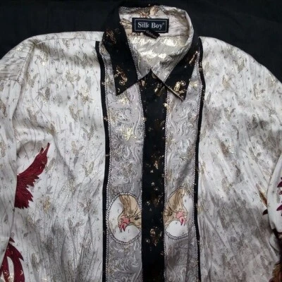 Camisa Vintage Silk Boy Rooster Phoenix Metálica Botón Dorado Foto 1 de 4