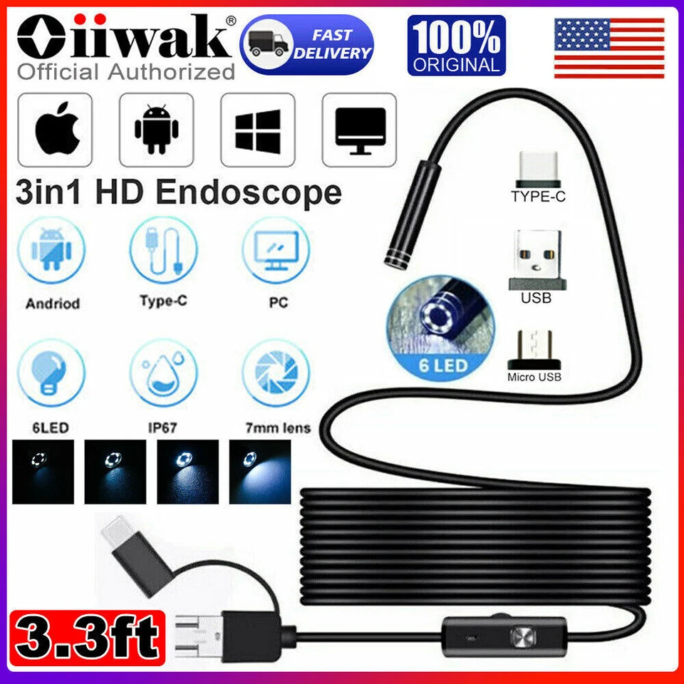 OIIWAK 6LED USB Snake Endoscope Borescope HD Inspection Camera Scope for Android Type C