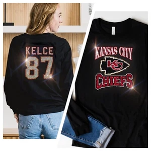 Kansas City Chiefs Kelce #87 New Crewneck Long Sleeve Bling T-shirt Sm-3X - Picture 1 of 5