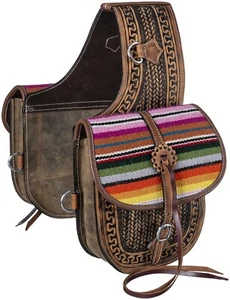 Western Saddle Bags - Tooled Leather and Serape Wool Print - Picture 1 of 6