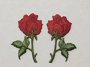 #5705R Lot 2Pcs Red Rose Embroidery Iron On Appliqué Patch/Pair - Picture 1 of 2
