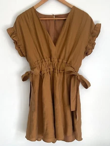Zara Womens Gold Ruffled Side Tie Mini Dress Size S - Picture 1 of 3