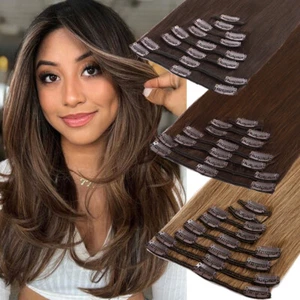 12-24INCH 100% Human Hair Extensions Clip in Real Remy Hair Full Head Grey Cheap - Picture 1 of 36