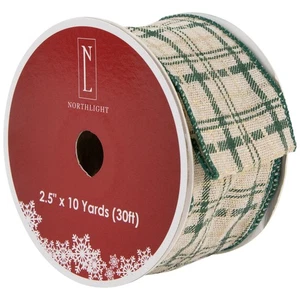 Northlight Green and Beige Plaid Wired Craft Christmas Ribbon 2.5" x 10 Yards - Picture 1 of 5