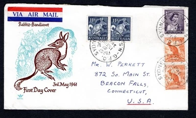 Australia 1961 Rabbit Bandicoot primer día cancelar a EE. UU. por correo aéreo Foto 1 de 2